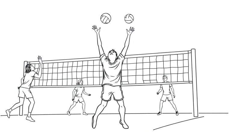 Kleurplaat van een volleybalwedstrijd met spelers die de bal blokkeren en slaan.