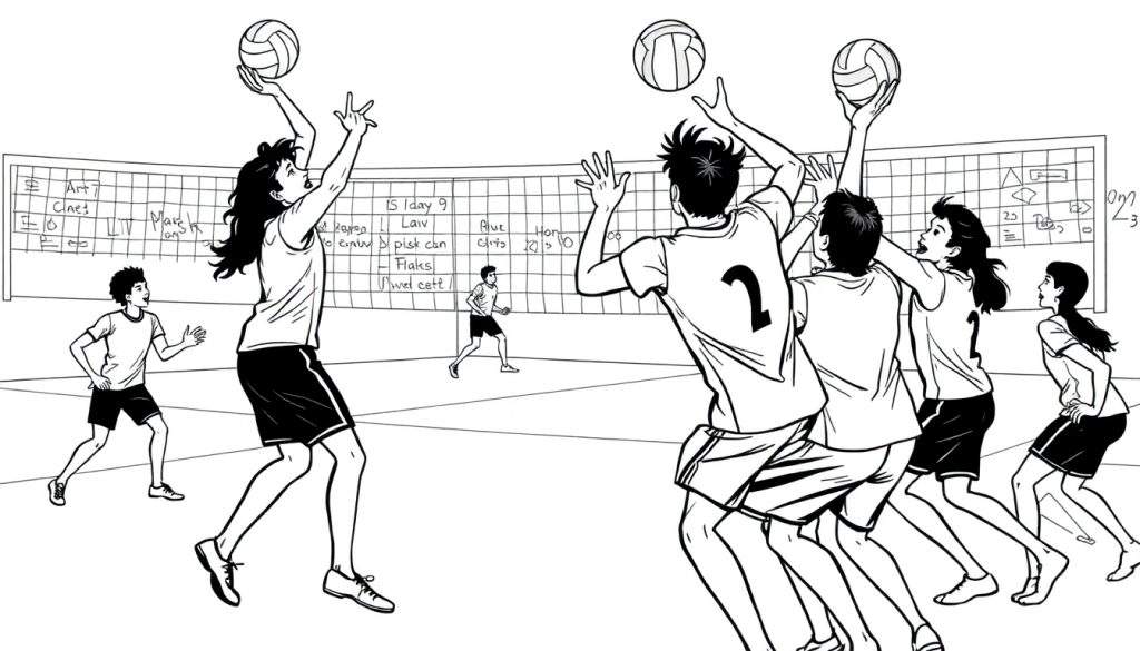 Kleurplaat van een spannend volleybalspel met spelers die serveren, blokkeren en rennen.