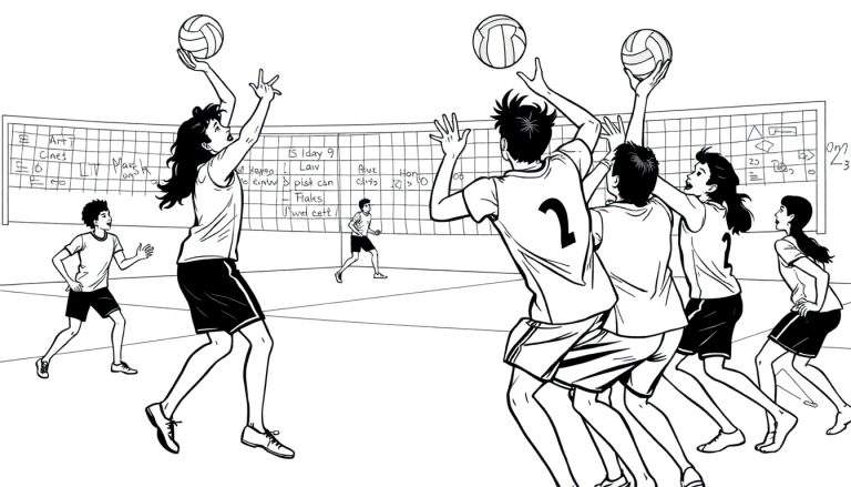 Kleurplaat van een spannend volleybalspel met spelers die serveren, blokkeren en rennen.