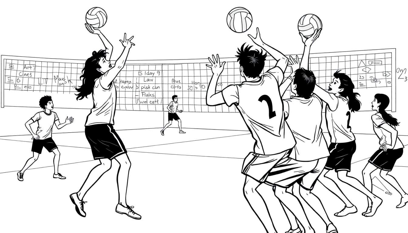 Kleurplaat van een spannend volleybalspel met spelers die serveren, blokkeren en rennen.