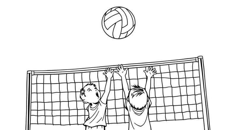 Kleurplaat van twee kinderen die aan het volleyballen zijn.