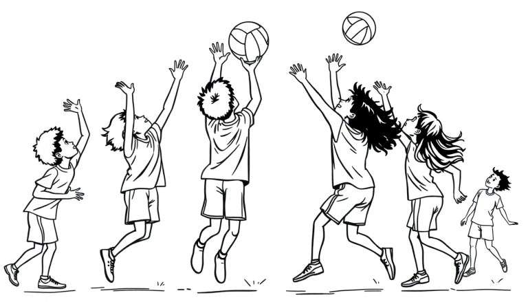 Zwart-wit illustratie van een volleybalwedstrijd met zes kinderen. Een kleurplaat van spelplezier.