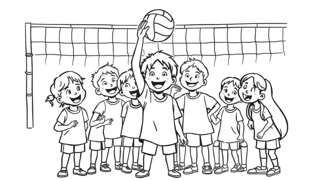 Een zwart-wit kleurplaat van blije kinderen bij een volleybalnet, klaar om te spelen.