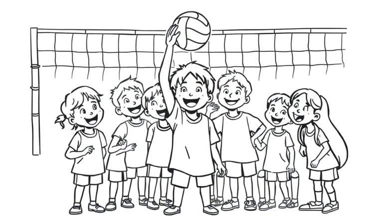 Een zwart-wit kleurplaat van blije kinderen bij een volleybalnet, klaar om te spelen.