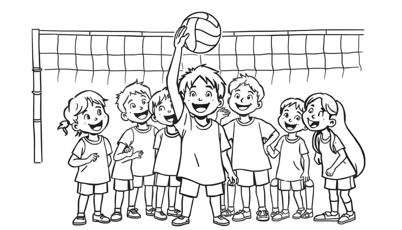 Een zwart-wit kleurplaat van blije kinderen bij een volleybalnet, klaar om te spelen.