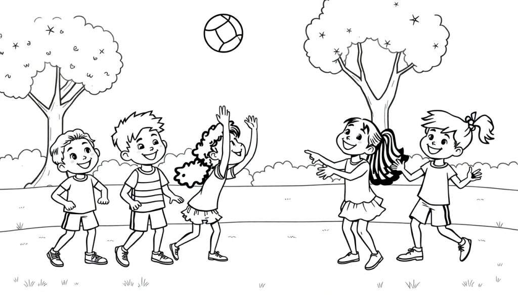 Kinderen spelen volleybal, een zwart-wit kleurplaat.