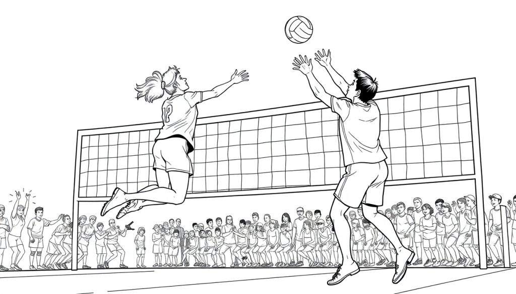 Kleurplaat van een spannende volleybalwedstrijd met twee spelers die springen en een bal, en een publiek dat kijkt.