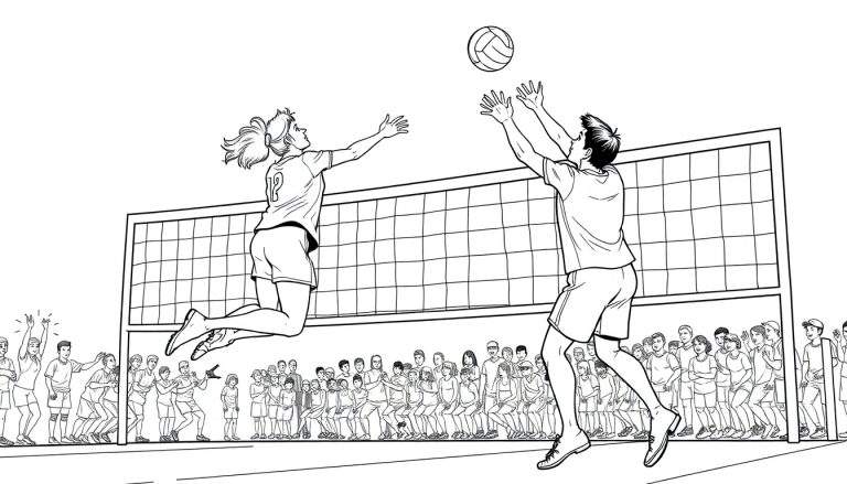 Kleurplaat van een spannende volleybalwedstrijd met twee spelers die springen en een bal, en een publiek dat kijkt.