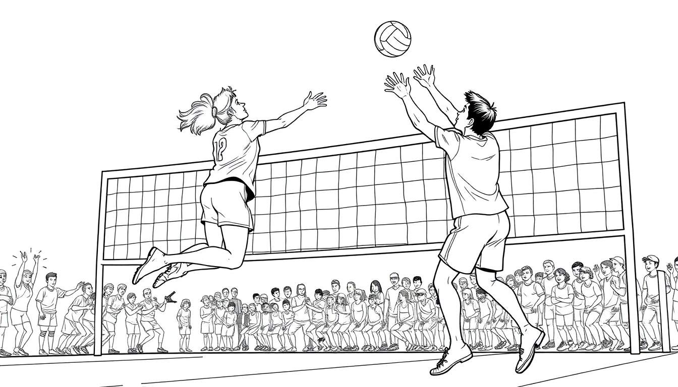 Kleurplaat van een spannende volleybalwedstrijd met twee spelers die springen en een bal, en een publiek dat kijkt.