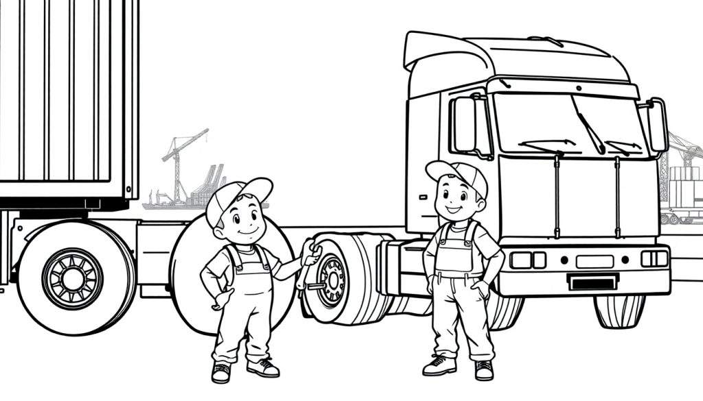 Kleurplaat van twee jonge monteurs bij een vrachtwagen in de haven.