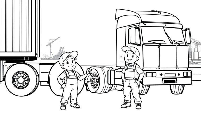 Kleurplaat van twee jonge monteurs bij een vrachtwagen in de haven.