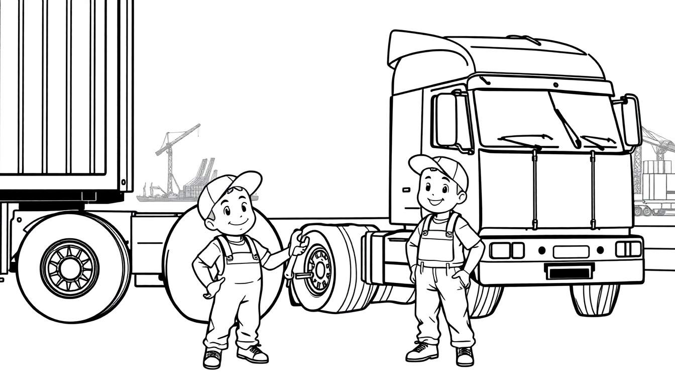 Kleurplaat van twee jonge monteurs bij een vrachtwagen in de haven.