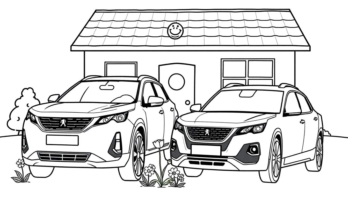 Kleurplaat van een huis met een lachend gezicht op het dak en twee auto's, een Peugeot 5008 en een Peugeot 3008, ervoor.