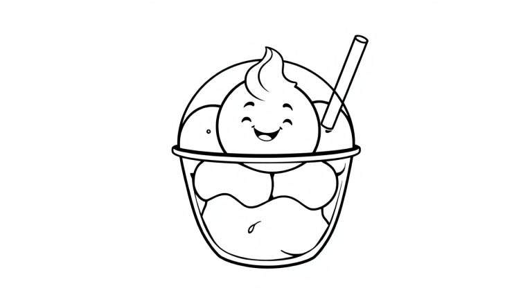 Zwart-witte kleurplaat van een lachend ijsje in een beker met een rietje en slagroom.