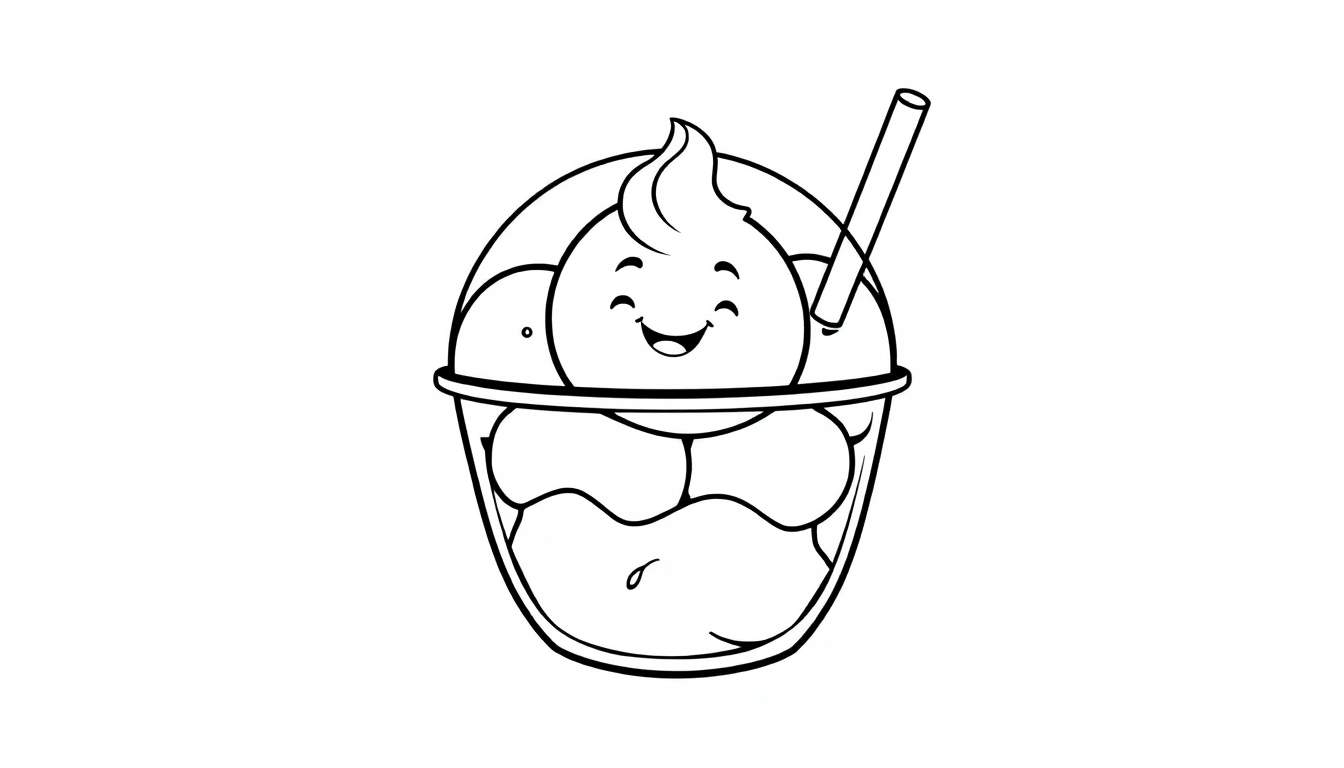 Zwart-witte kleurplaat van een lachend ijsje in een beker met een rietje en slagroom.