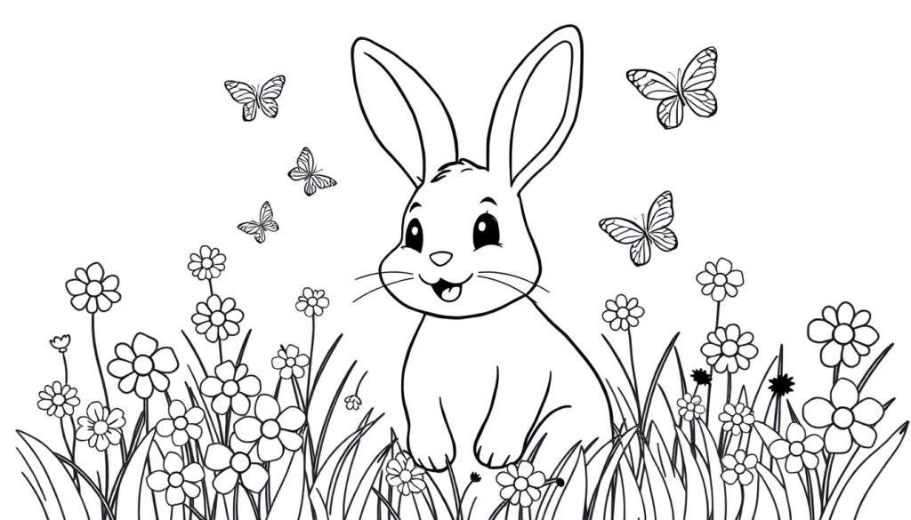 Kleurplaat van een schattig konijn in bloemen en gras, met vlinders erboven.