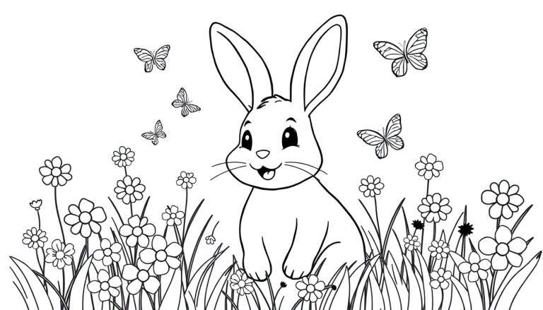 Kleurplaat van een schattig konijn in bloemen en gras, met vlinders erboven.