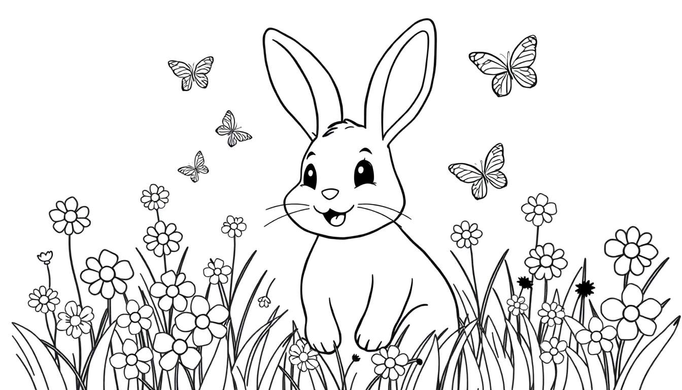 Kleurplaat van een schattig konijn in bloemen en gras, met vlinders erboven.