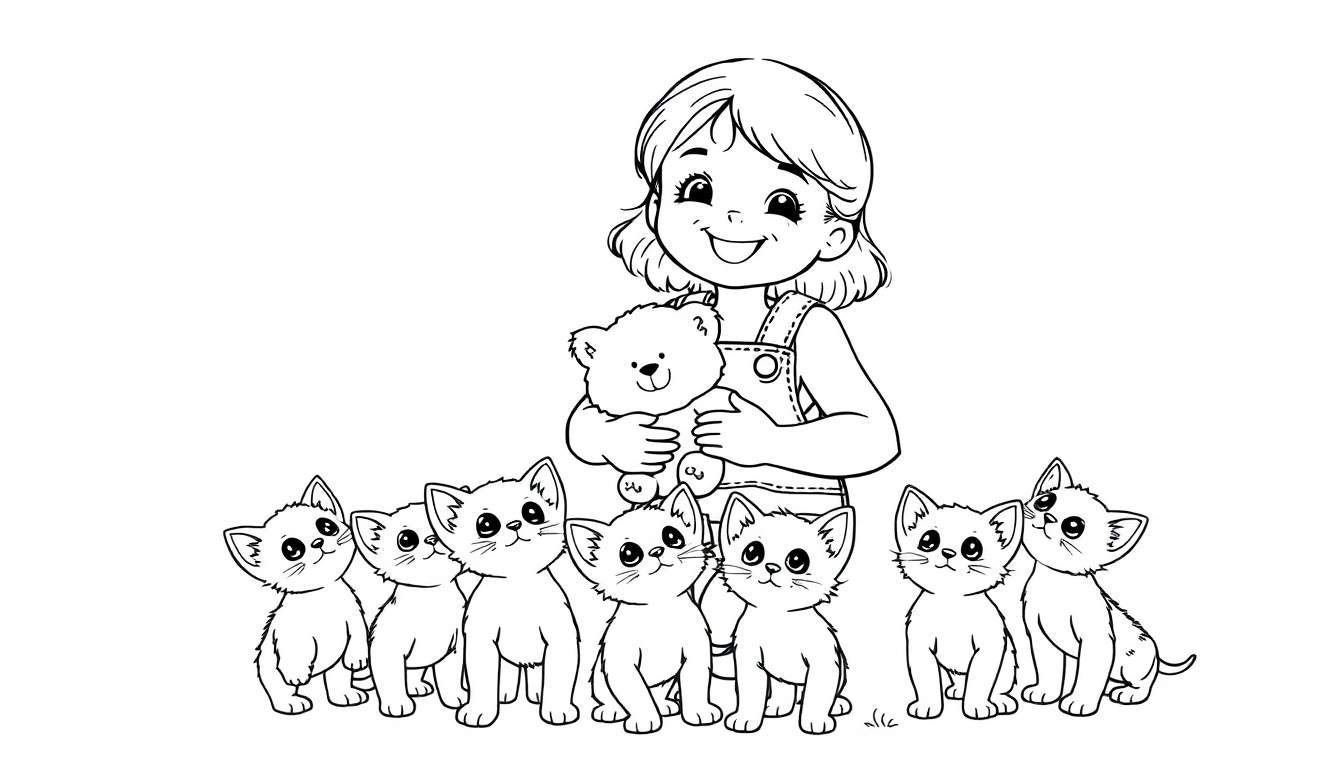 Zwart-wit cartoon tekening van een vrolijk meisje met een tuinbroek die een teddybeer vasthoudt, omringd door zeven kittens. Kleurplaat.