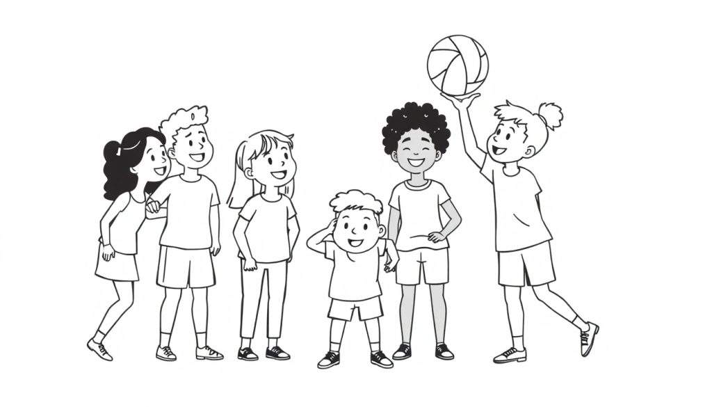 Een kleurplaat van lachende kinderen met diverse huidskleuren en kapsels die samen een volleybal vasthouden.