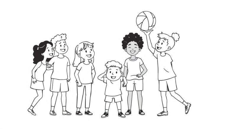 Een kleurplaat van lachende kinderen met diverse huidskleuren en kapsels die samen een volleybal vasthouden.