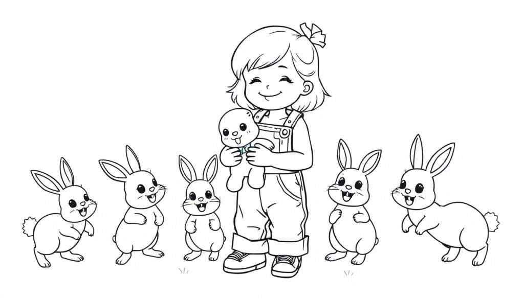 Een zwart-wit kleurplaat van een schattig meisje dat een knuffelkonijntje vasthoudt, omringd door vijf vrolijke konijntjes.