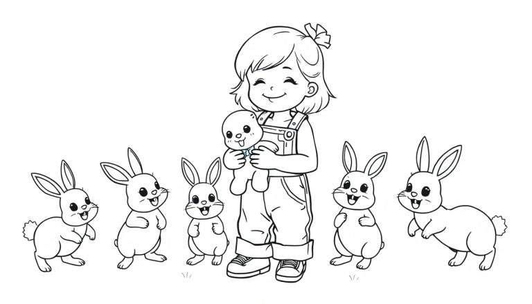 Een zwart-wit kleurplaat van een schattig meisje dat een knuffelkonijntje vasthoudt, omringd door vijf vrolijke konijntjes.