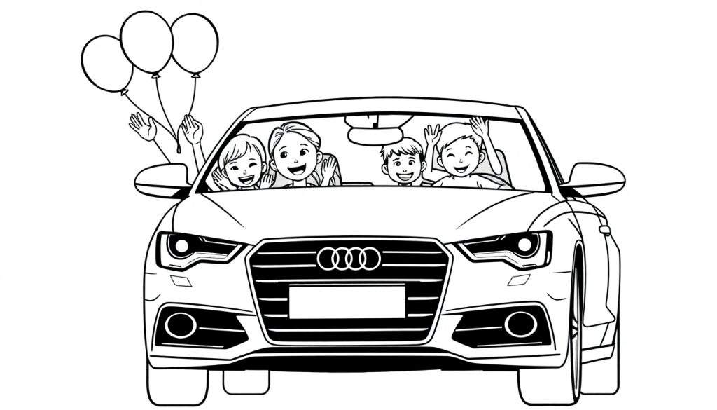 Kleurplaat van een lachend gezin in een Audi A6, met ballonnen uit het raam.