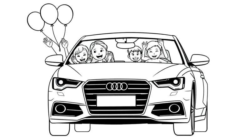 Kleurplaat van een lachend gezin in een Audi A6, met ballonnen uit het raam.