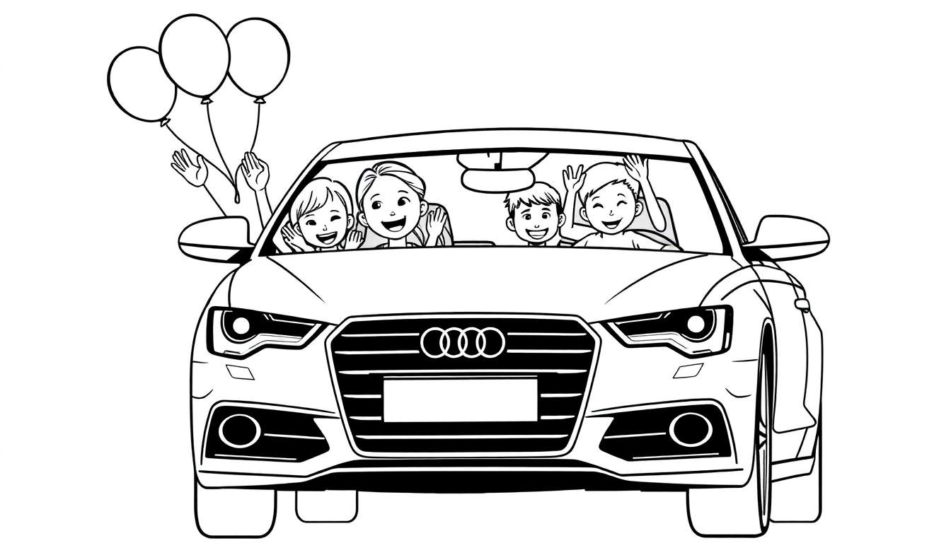 Kleurplaat van een lachend gezin in een Audi A6, met ballonnen uit het raam.