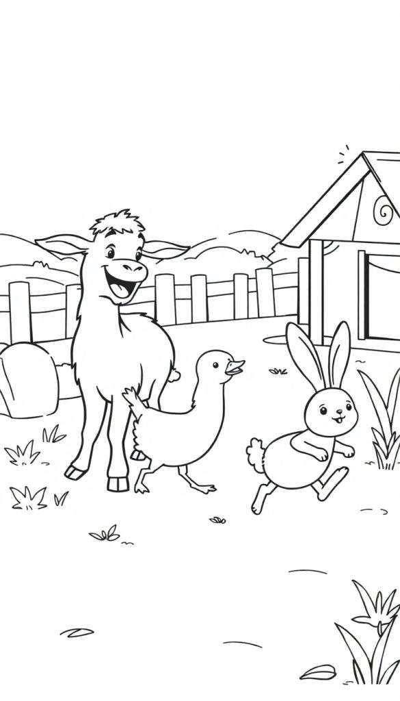 Kleurplaat van een lachende ezel, een rennende eend en een konijn op een boerderij.