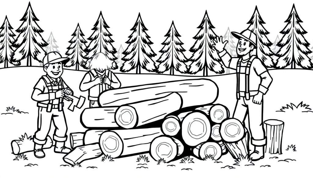 Kleurplaat van drie bosbouwers met stapels hout en dennenbomen.