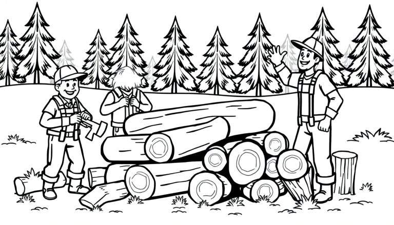 Kleurplaat van drie bosbouwers met stapels hout en dennenbomen.