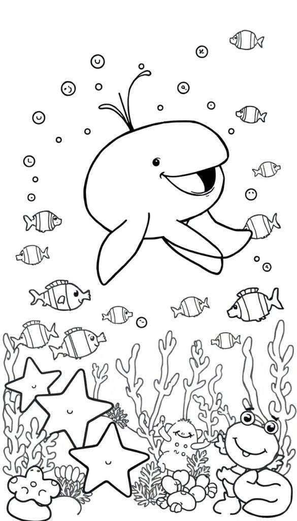 Kleurplaat van een vrolijke dolfijn omringd door zeedieren in de oceaan.