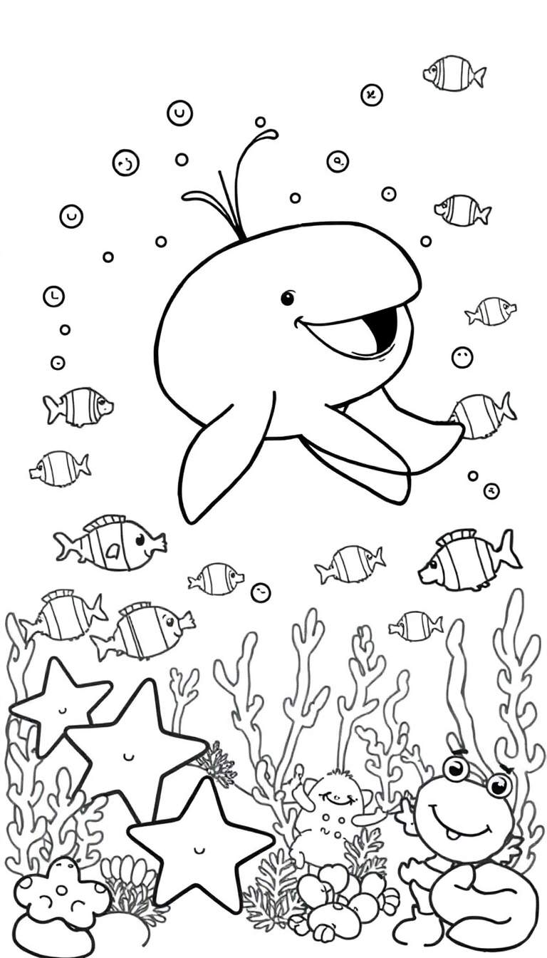 Kleurplaat van een vrolijke dolfijn omringd door zeedieren in de oceaan.