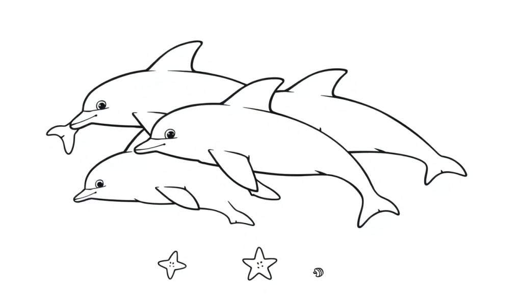 Kleurplaat dolfijnen met zeesterren en schelp.