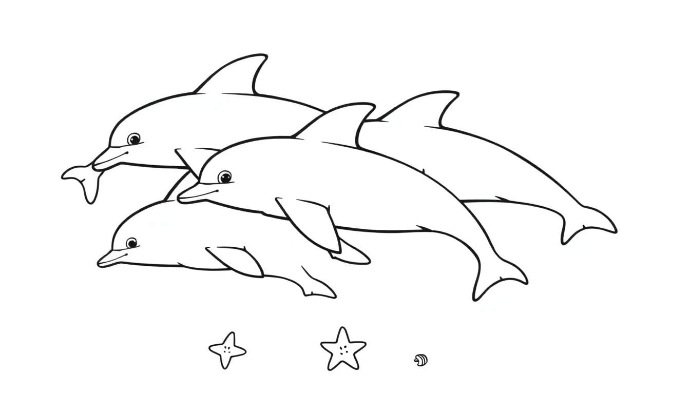 Kleurplaat dolfijnen met zeesterren en schelp.