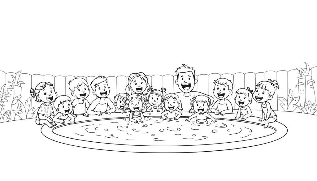 Zwart-wit kleurplaat: kinderen spelen vrolijk in een zwembad op een familiecamping.