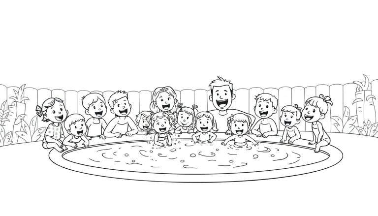 Zwart-wit kleurplaat: kinderen spelen vrolijk in een zwembad op een familiecamping.