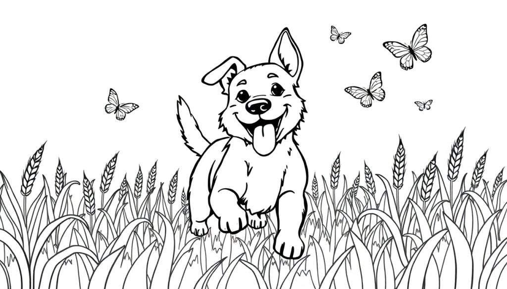 Een vrolijke hond rent door graanvelden, een leuke kleurplaat.