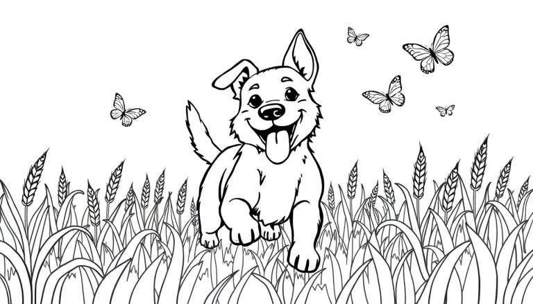 Een vrolijke hond rent door graanvelden, een leuke kleurplaat.