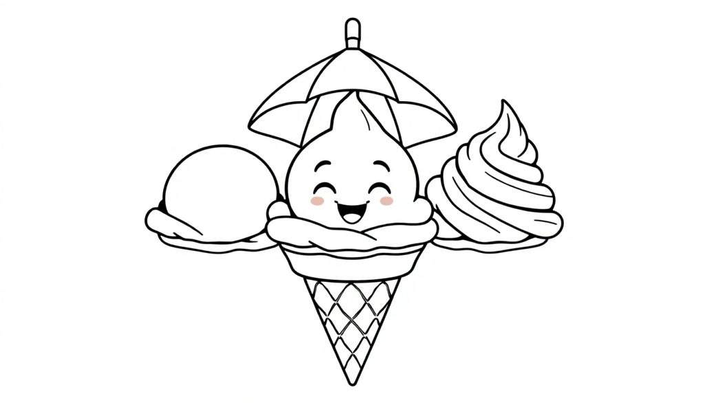 Schattige kleurplaat van een vrolijk ijsje met drie bolletjes en een parapluutje.