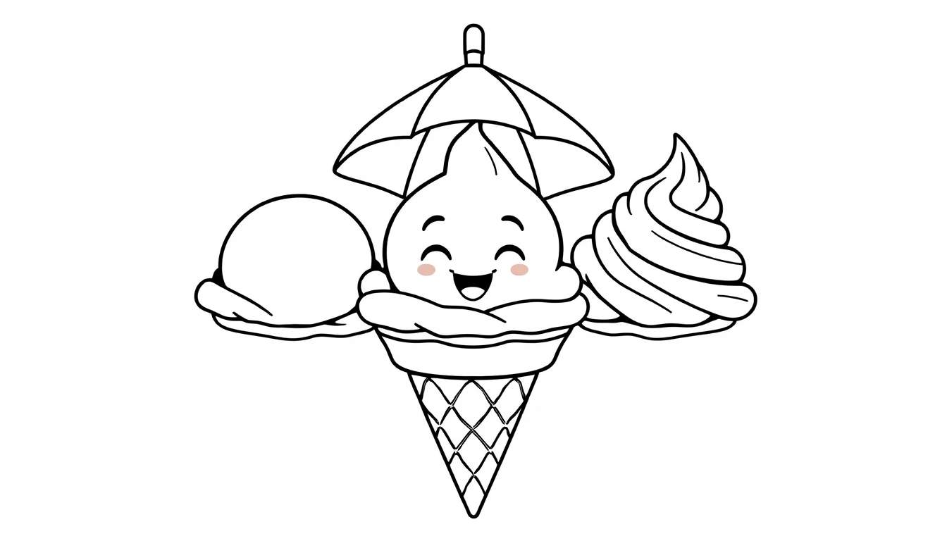 Schattige kleurplaat van een vrolijk ijsje met drie bolletjes en een parapluutje.