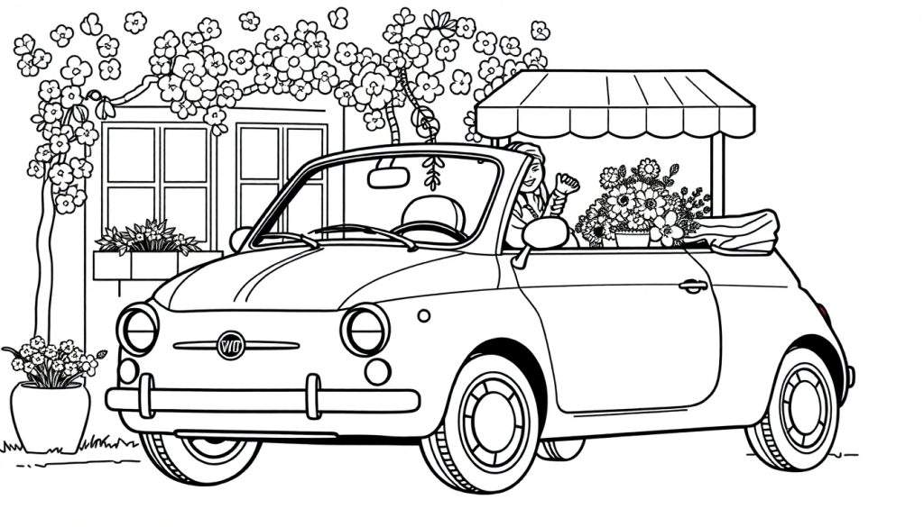 Kleurplaat van een Fiat cabriolet vol bloemen met een zwaaiende vrouw.