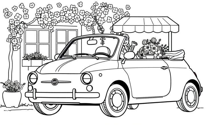 Kleurplaat van een Fiat cabriolet vol bloemen met een zwaaiende vrouw.