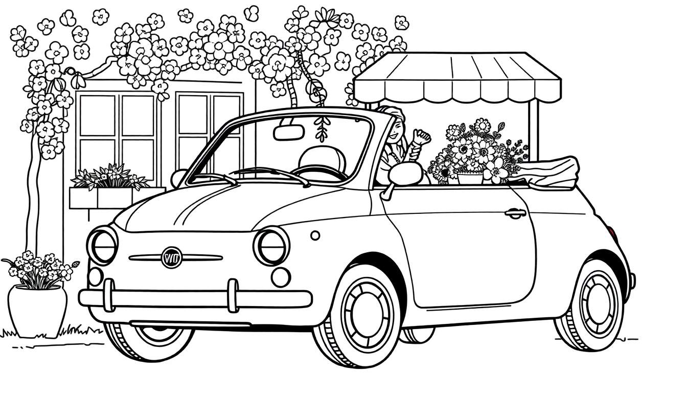 Kleurplaat van een Fiat cabriolet vol bloemen met een zwaaiende vrouw.