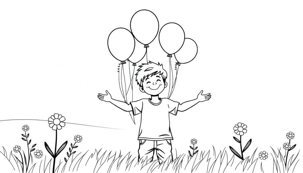 Kleurplaat van een vrolijke jongen met wijd open armen in een bloemenveld, met ballonnen in de lucht.