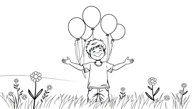 Kleurplaat van een vrolijke jongen met wijd open armen in een bloemenveld, met ballonnen in de lucht.