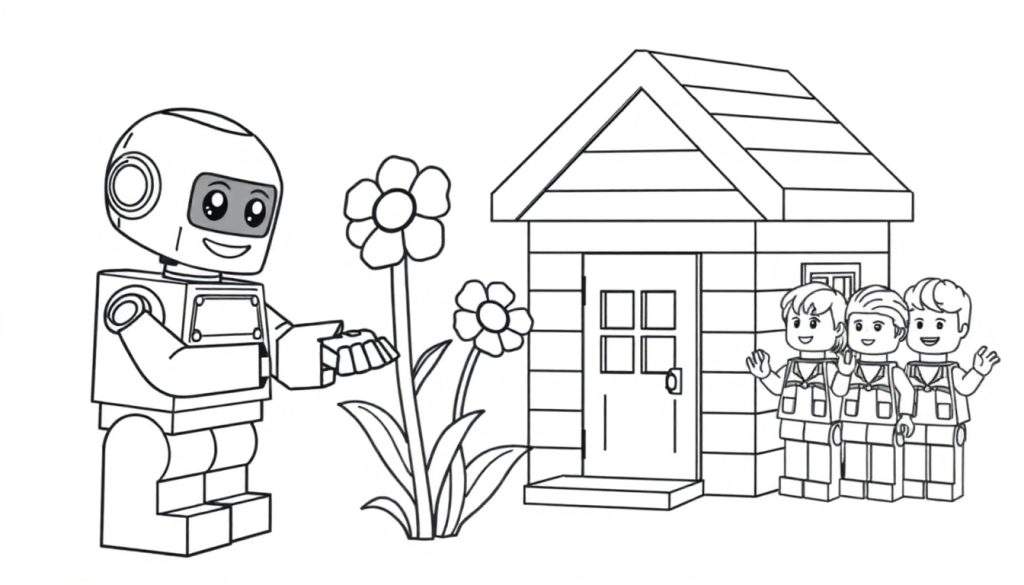 Een speelse Lego-robot in een zwart-wit kleurplaat-stijl geeft een bloem aan een bloem, met een huisje en zwaaiende Lego-kinderen op de achtergrond.