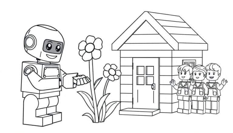 Een speelse Lego-robot in een zwart-wit kleurplaat-stijl geeft een bloem aan een bloem, met een huisje en zwaaiende Lego-kinderen op de achtergrond.